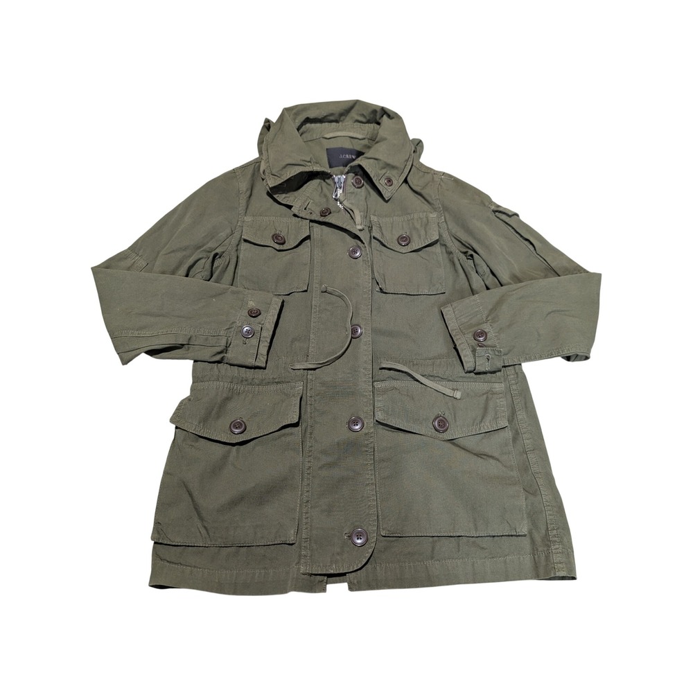 J.Crew Field Jacket Women XS Olive Green Utility Military Stowaway Hood Cotton